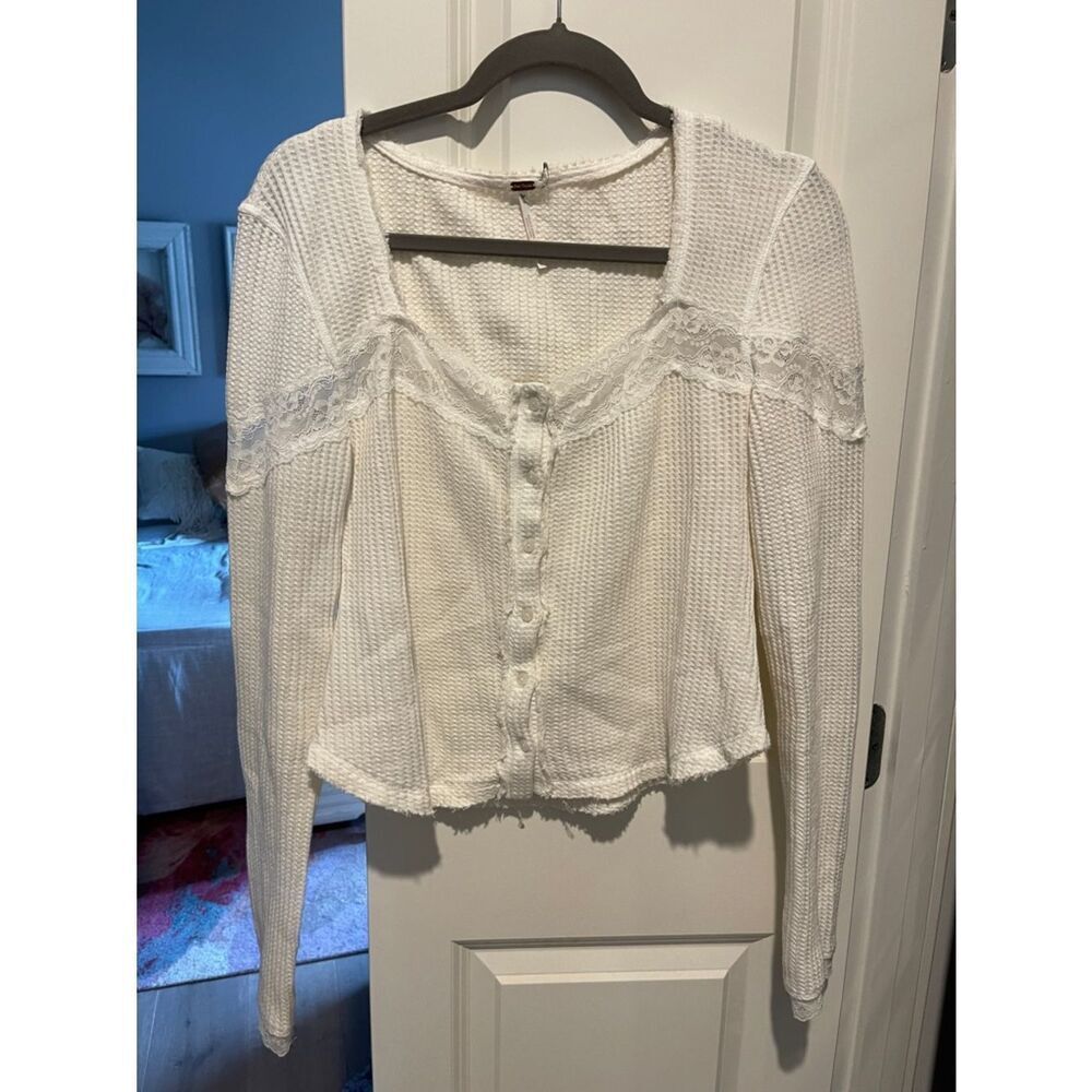 Free People White Lace-Trim Waffle Knit Button Cardigan
